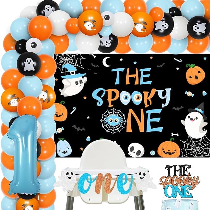 Halloween 1st Birthday Decorations - The Spooky One Pumpkin Ghost Backdrop Highchair Banner Cake Topper Blue Orange Balloons Garland Arch Kit, Halloween 1st Boo Day Party Supplies