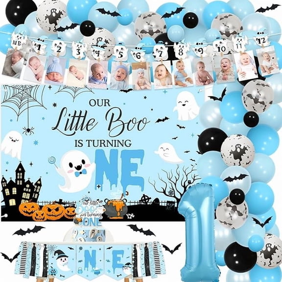 Halloween 1st Birthday Party Decorations Blue Black Our Little Boo is Turning One Backdrop High Chair Banner Foil Balloon Ghost Photo Banner Cake Topper Bat Sticker Balloon Garland Arch Kit for Boys
