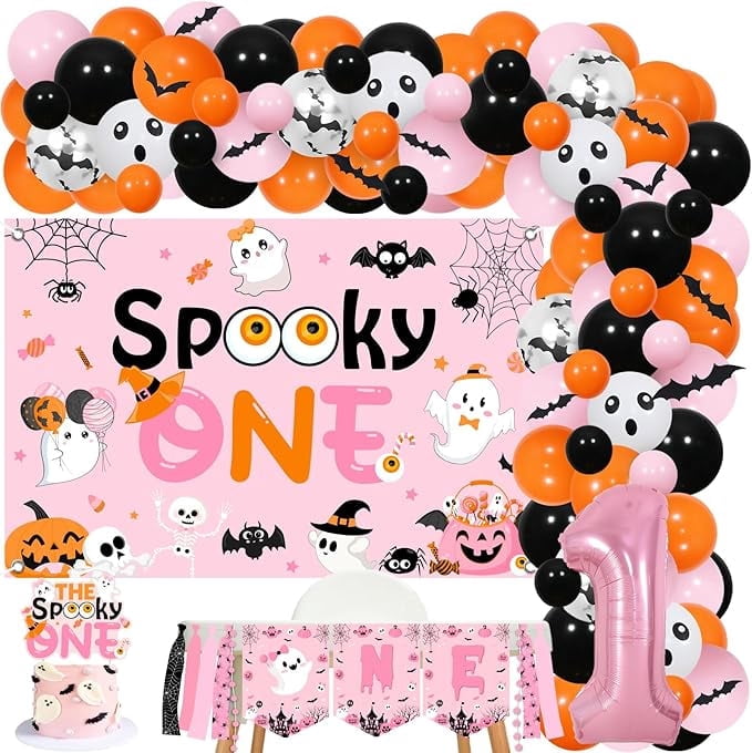 Halloween 1st Birthday Party Decorations Girl - Pink Orange Halloween Balloons Garland Arch Kit with Spooky One Birthday Backdrop, Cake Topper, High Chair Banner, Bat Wall Stickers