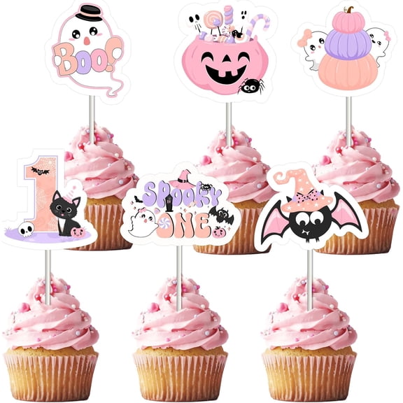 Halloween 1st Happy Birthday Decorations for Girls, Spooky One Cupcake Toppers, Halloween Theme Ghost Pumpkins Appetizer Cake Picks Party Decor Supplies Favors