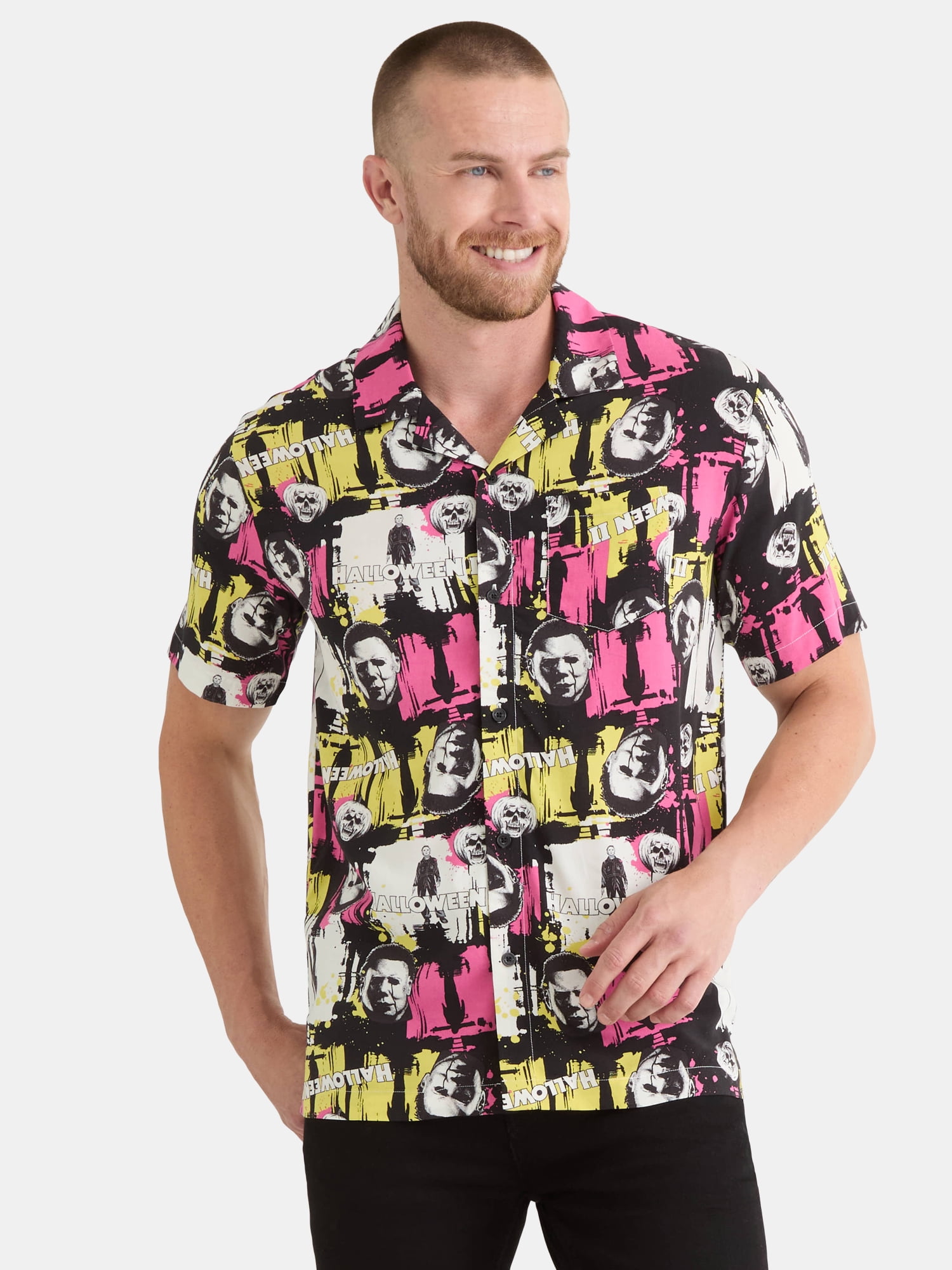Halloween 2 Men's and Big Men's Print Button-Up Shirt with Short Sleeves, Sizes XS-3XL