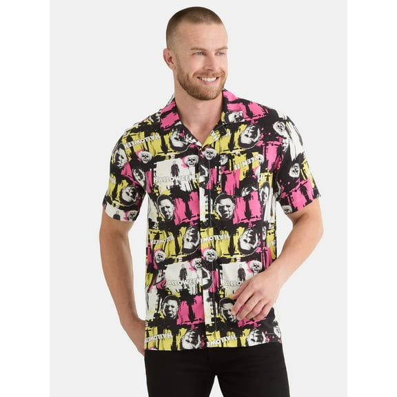 Halloween 2 Men's and Big Men's Print Button-Up Shirt with Short Sleeves, Sizes XS-3XL