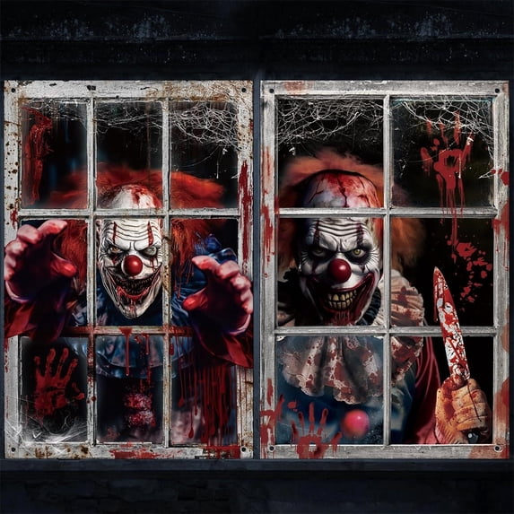 Halloween 2 Pack Scary Clown Window Door Curtain Hanging Backdrop, Spooky Bloody Horror Decor for Haunted House, Indoor Outdoor Halloween Party Decoration Supplies,A