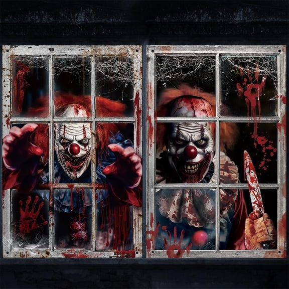 Halloween 2 Pack Scary Clown Window Door Curtain Hanging Backdrop, Spooky Bloody Horror Decor for Haunted House, Indoor Outdoor Halloween Party Decoration Supplies,A