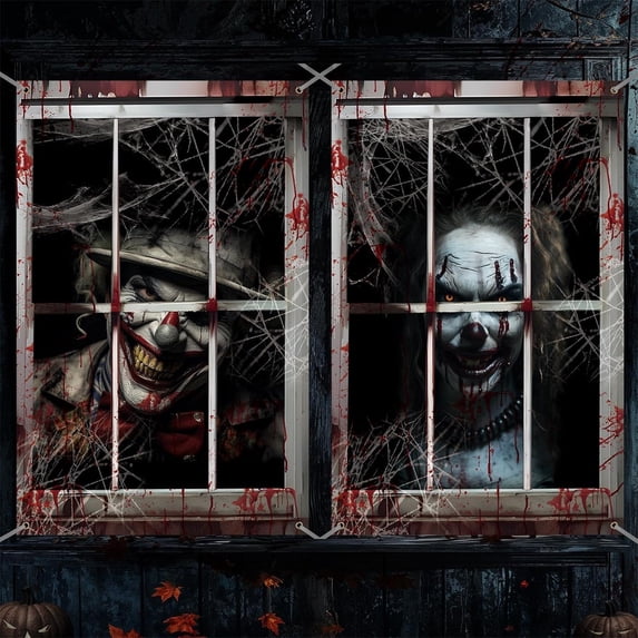Halloween 2 Pack Scary Clown Window Door Curtain Hanging Backdrop, Spooky Bloody Horror Decor for Haunted House, Indoor Outdoor Halloween Party Decoration Supplies,H