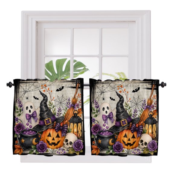 Halloween 2 Panel Kitchen Curtains for Small Windows, Fall Pumpkins Ghost Floral Bats Witch Hat Beige Bathroom Tier Curtain, Short Window Treatment for Bedroom/Living Room 55"x24"