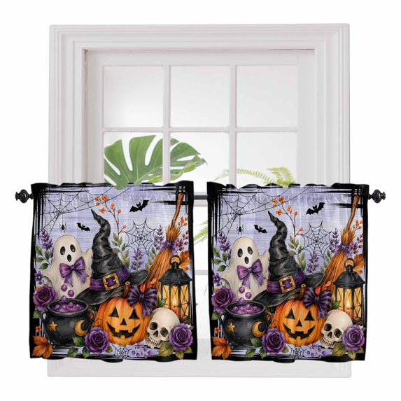 Halloween 2 Panel Kitchen Curtains for Small Windows, Horror Ghost Pumpkins Floral Bats Witch Hat Purple Bathroom Tier Curtain, Short Window Treatment for Bedroom/Living Room 55"x24"