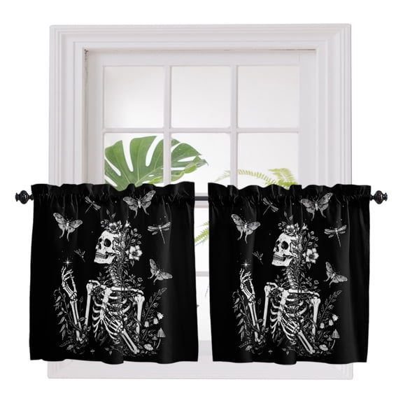 Halloween 2 Panel Kitchen Curtains for Small Windows, Horror Skeleton Skull Butterfly Floral Black Bathroom Tier Curtain, Short Window Treatment for Bedroom/Living Room 55"x24"