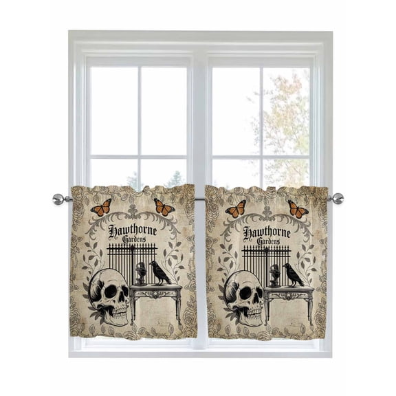 Halloween 2 Panel Kitchen Curtains for Small Windows, Horror Skeletons Skull Black Crows Butterfly Bathroom Tier Curtain, Short Window Treatment for Bedroom/Living Room 55"x36"