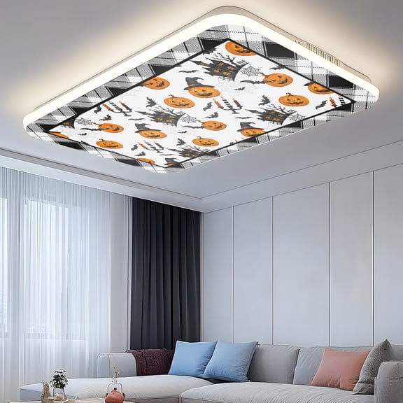 Halloween 2 Pcs Fluorescent Light Covers 4 x 2 Feet, Vintage Carved Pumpkin Haunted Castle Black Gray Gingham Covers for Ceiling Lights Magnetic Light Cloth Filter for Classroom Office Home