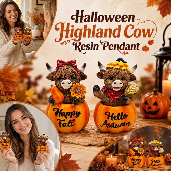 Halloween 2 Pcs Highland Cow Figurines Thanksgiving Pumpkin Maple Highland Cow Gnomes Leaf Scottish Resin Statue Calf Lovers Gifts for Fall Home Garden Kitchen Office Tiered Tray Table Decor