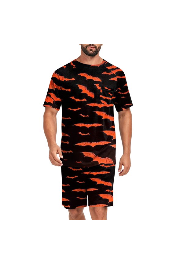Halloween 2 Piece Set Men Pumpkin Castle Round Neck Spooky T Shirts Matching Candy Witch Hat Bermuda Funny Shorts, S