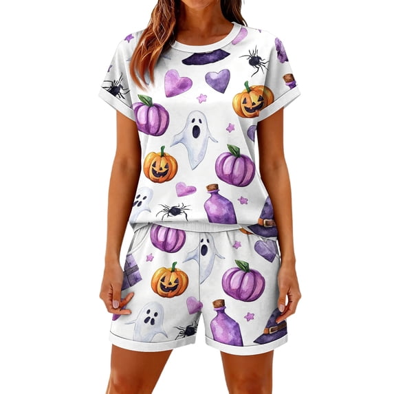 Halloween 2 Piece Set Women Witch Hat Pumpkin Short Sleeve Horror Blouses and Candy Castle Wide Leg Funny Shorts, L