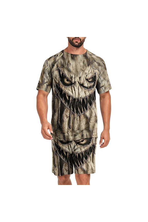 Halloween 2 Piece Set for Men Spiderweb Skeleton Round Neck Spooky T Shirts and Ghost Pumpkin Bermuda Funny Shorts, S