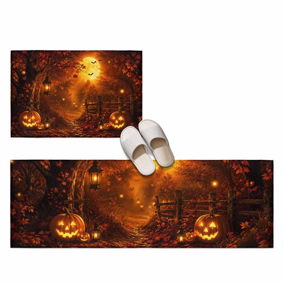 Halloween 2 Pieces Non-Slip Kitchen Mat Set, Autumn Harvest Carved Pumpkins Maple Orange Moon Soft Door Mat with Rubber Backing, Dirtproof Rugs for Entrance Doorway, 23.6x35.4in+23.6x70.9in