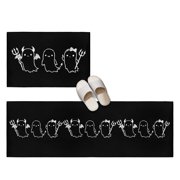 Halloween 2 Pieces Non-Slip Kitchen Mat Set, Black Cartoon Line Spooky Devil Ghosts Minimalist Soft Door Mat with Rubber Backing, Dirtproof Rugs for Entrance Doorway, 23.6x35.4in+23.6x70.9in