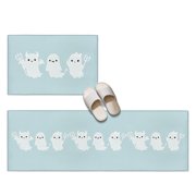 Halloween 2 Pieces Non-Slip Kitchen Mat Set, Blue Cartoon Line Spooky Devil Ghosts Minimalist Soft Door Mat with Rubber Backing, Dirtproof Rugs for Entrance Doorway, 23.6x35.4in+23.6x70.9in