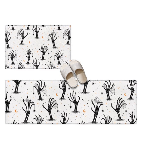 Halloween 2 Pieces Non-Slip Kitchen Mat Set, Creepy Minimalist Skeletons Zombie Hands Cobweb Moon Soft Door Mat with Rubber Backing, Dirtproof Rugs for Entrance Doorway, 20x24in+20x48in