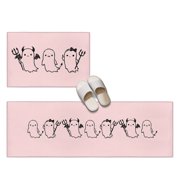 Halloween 2 Pieces Non-Slip Kitchen Mat Set, Pink Cartoon Line Spooky Devil Ghosts Minimalist Soft Door Mat with Rubber Backing, Dirtproof Rugs for Entrance Doorway, 23.6x35.4in+23.6x70.9in