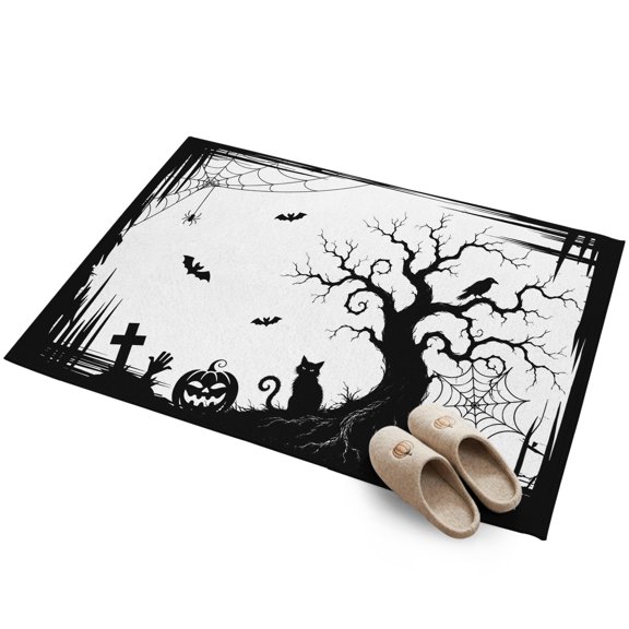 Halloween 2'x3' Small Rugs for Entryway Front Door Kitchen Sink Area, Fall Sitting Black Cat Goth Tree Silhouette Spiderwebs Soft Sturdy Mats Washable Non Slip Rectangle Area Rug