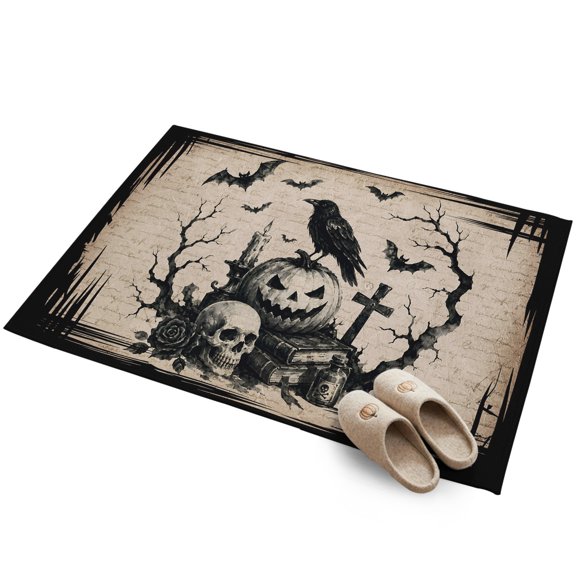 Halloween 2'x3' Small Rugs for Entryway Front Door Kitchen Sink Area, Fall Vintage Sitting Black Cat Goth Skull Dark Academia Rustic Soft Sturdy Mats Washable Non Slip Rectangle Area Rug