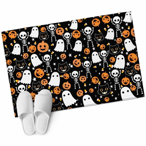 Halloween 2'x3' Washable Rug, Orange Pumpkins White Funny Ghost Black Cat Non-Slip Soft Doormat Area Rugs for Entrance Bathroom Bedsides, Carpet for Kitchen Bedroom, Entryway Floor Mat