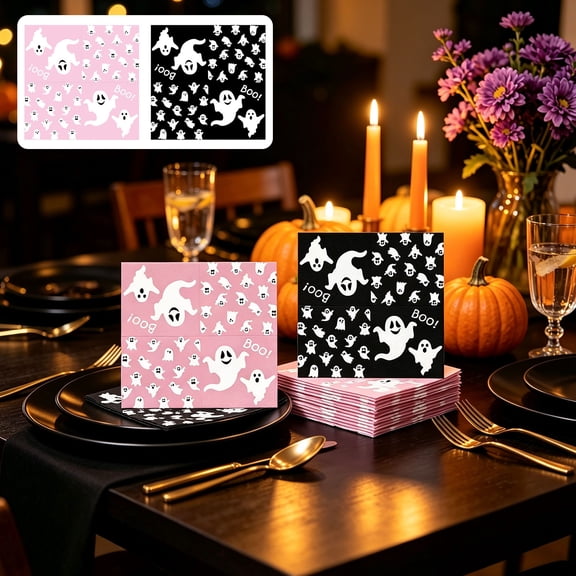 Halloween 20 Pack Ghost Paper Napkins, Black Pink Cocktail Napkins with Boo Lettering, 13 Inch Festive Holiday Party Table Decor