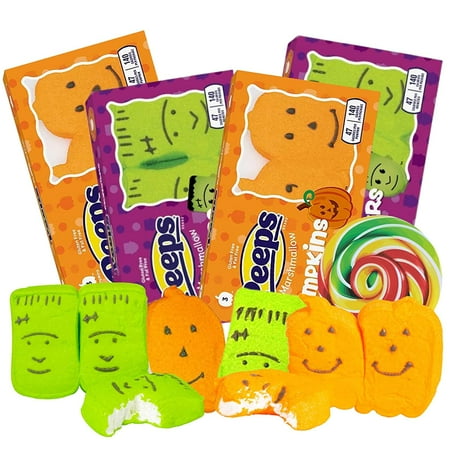 Halloween 2022 Peeps Marshmallow Candies, Monster and Pumpkin Shaped Marshmallows for Cupcake and Dessert Topping, Gluten Free Candy, Pack of 4