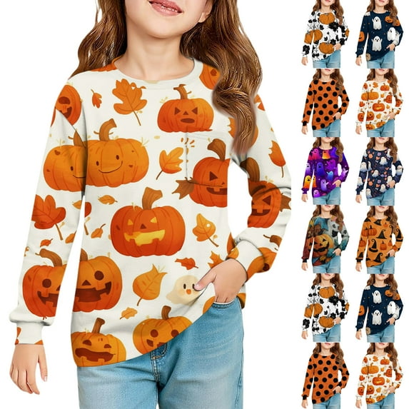 Halloween 2025 NEW Girls Long Sleeve Shirts Trendy Black Shirts Size 2-3 Cute Pumpkin Girls Tops Shirt Kids Crew Neck Tshirts Basic Tween Girls Clothes