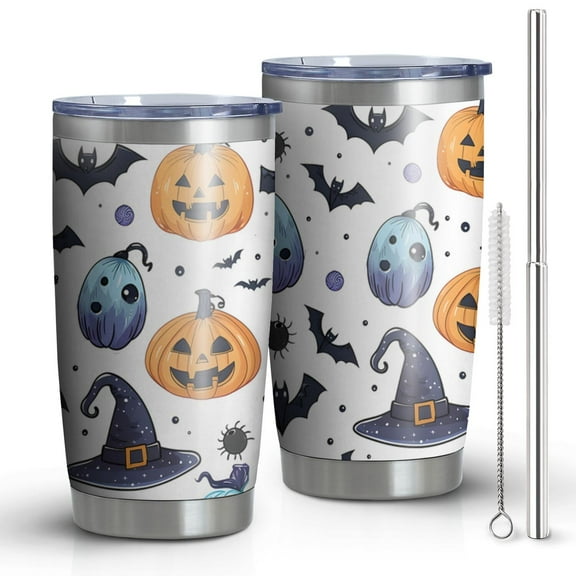 Halloween 20oz Stainless Steel Car Tumbler - Spooky Ghost Pumpkin Design Double-Wall Vacuum Insulated Cup with Straw