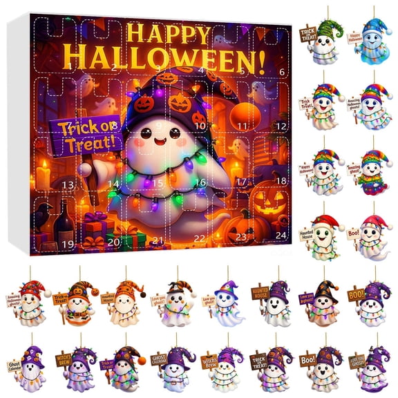 Halloween 2D Flat Print Hanging Ornaments AI Printed Hanging Ornaments Halloween Cute Cartoon 2D Acrylic Countdown Calendar AI Tree Hanging Sand Timer Lights with Battery Pack And Timer Count down