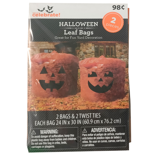 Halloween 2ct Orange Pumpkin Leaf Bags Outdoor Decor, Way to Celebrate,Weight 0.11lb