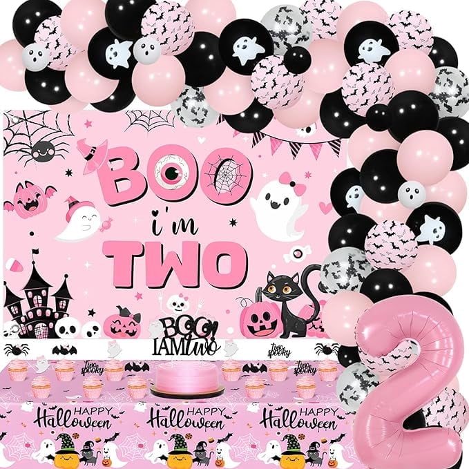 Halloween 2nd Birthday Decoration Girl Boo I’m Two Backdrop Cake Cupcake Topper Table Cloth Pink Black Halloween Foil Balloon Garland Arch Kit for Two Spooky 2 Years Old Birthday Decoration