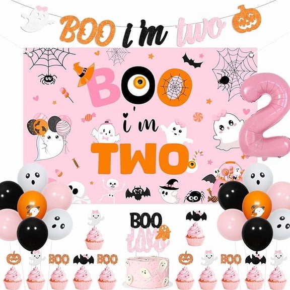 Halloween 2nd Birthday Decoration Girl, Two Spooky Birthday Decoration Backdrop Banner Cake Cupcake Topper Latex Balloon Pink Orange for Halloween Ghost Boo Im Two 2nd Party Supplies