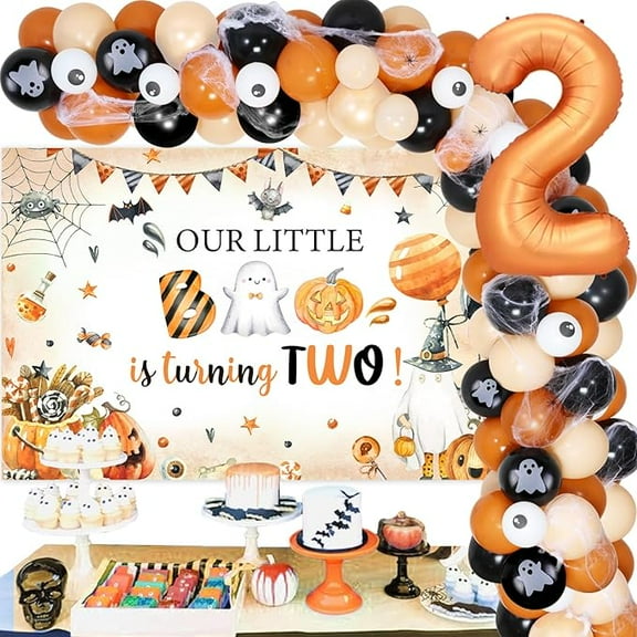 Halloween 2nd Birthday Decorations Boy Retro Our Little Boo Is Turning Two Backdrop Decorations Black and Orange Halloween Balloon Garland Spider Vintage Party Decoration for 2 Year Old Birthday