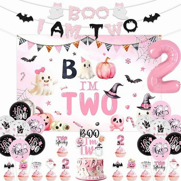 Halloween 2nd Birthday Decorations Girl, Pink Boo Im Two Backdrop Banner Latex Foil Balloon Halloween Cake Cupcake Topper for Two Spooky 2 Years Old Birthday Party Decorations