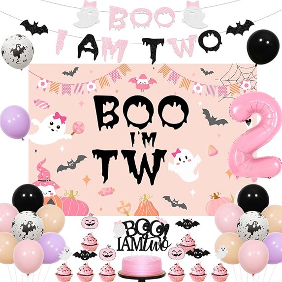 Halloween 2nd Birthday Decorations for Girl Pink Purple Boo I'm Two Backdrop Banner Happy Boo Day Decor Little Balloon Cake Topper Two Spooky Party Decor