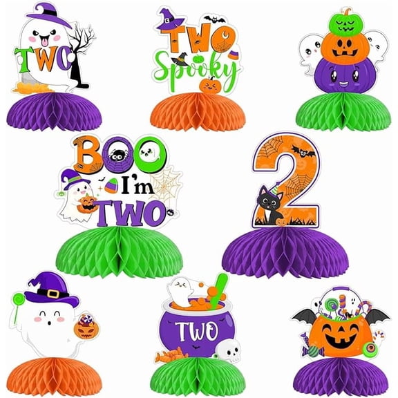 Halloween 2nd Birthday Party Decorations, 8Pcs Boo I'm Two Table Honeycomb Centerpieces Orange Purple Green for Halloween Theme 2 Year Old Boy Girl Birthday Party