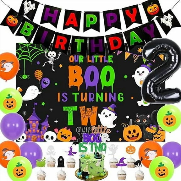 Halloween 2nd Birthday Party Decorations Our Little Boo Is Turning Two Backdrop Cake Topper Ghost Balloon for Boys or Girls 2 Years Old Birthday Party Supplies