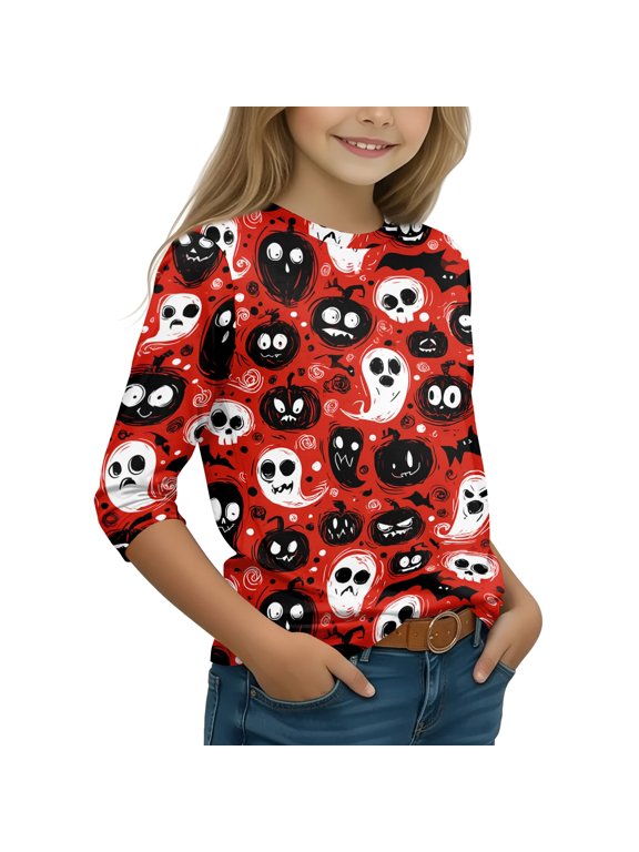 Halloween 3/4 Sleeve Shirts for Child Girls 9-10 Cute Funny Cartoon Ghost Crew Neck Casual Fall Girls Clothes Party Holiday Tee Tops
