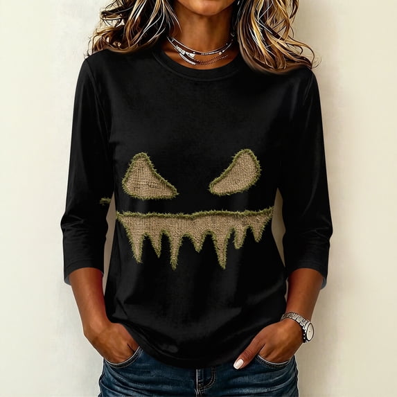 Halloween 3/4 Sleeve Sweatshirt for Women, Lightweight Pumpkin Shirt Casual Loose Crewneck Raglan Pullover Top Style25# M