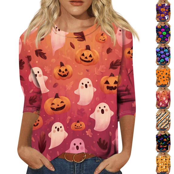 Halloween 3/4 Sleeve T Shirts Womens Crew Neck Holiday Tees Tops Earthy Yellow L