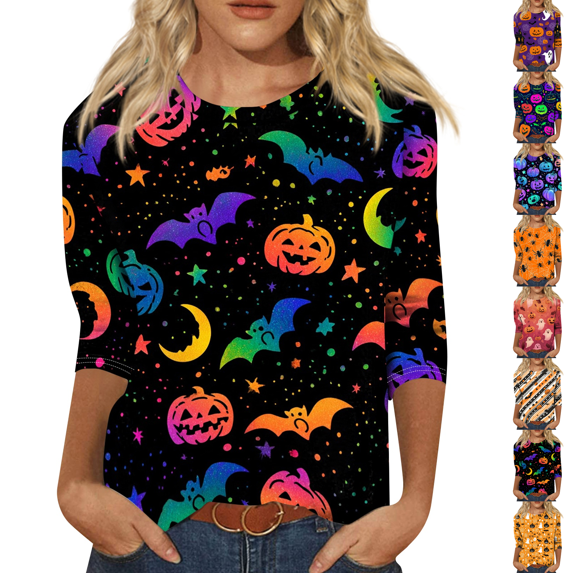 Halloween 3/4 Sleeve T Shirts Womens Crew Neck Holiday Tees Tops Multicolor M