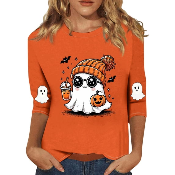 Halloween 3/4 Sleeve Tops for Women Cute Ghost Graphic Tees Fall Crew Neck Loose Spooky Pullover