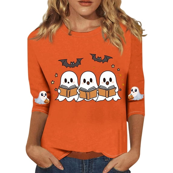 Halloween 3/4 Sleeve Tops for Women Cute Ghost Graphic Tees Fall Crew Neck Loose Spooky Pullover