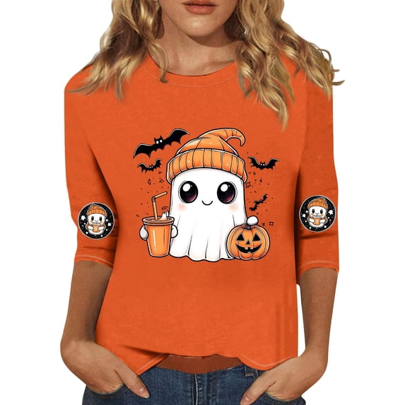 Halloween 3/4 Sleeve Tops for Women Cute Ghost Graphic Tees Fall Crew Neck Loose Spooky Pullover