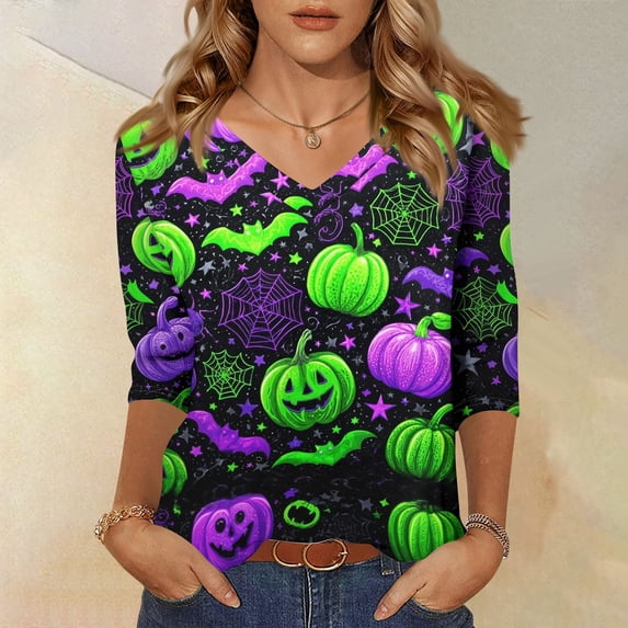 Halloween 3/4 Sleeve V Neck Shirt for Women Funny Halloween Graphic Tee Fall Winter Loose Fit Tops