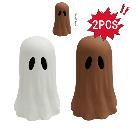 Halloween 3.9in Ghost Decor Statue - 2pcs Spooky Cute Figurine for Porch & Indoor Display, Festive Ornament to Enhance Halloween Ambience, Ideal for Home & Party Decorations, White Brown
