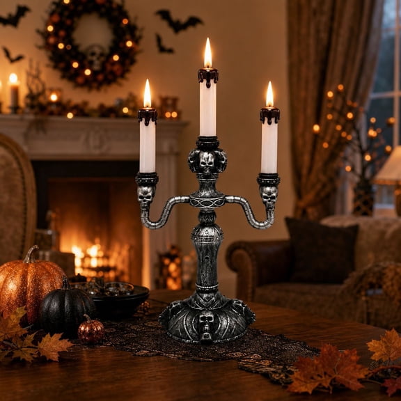 Halloween 3-Arm Antique Skull Candelabra Light, Dripping Wax Flickering Flameless LED Candle Holder, Gothic Spooky Table Decor for Mantel Party Bar