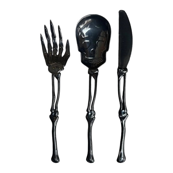 Halloween 3-Piece Cutlery Set, Stainless Steel Flatware with Skull Handles, Spooky Tabletop Decor & Holiday Gift for Dining